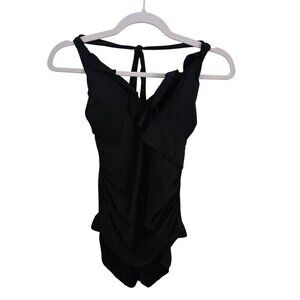 Boden Black Ruffled Halter Neckline Ruched One Piece Swimsuit Size 4